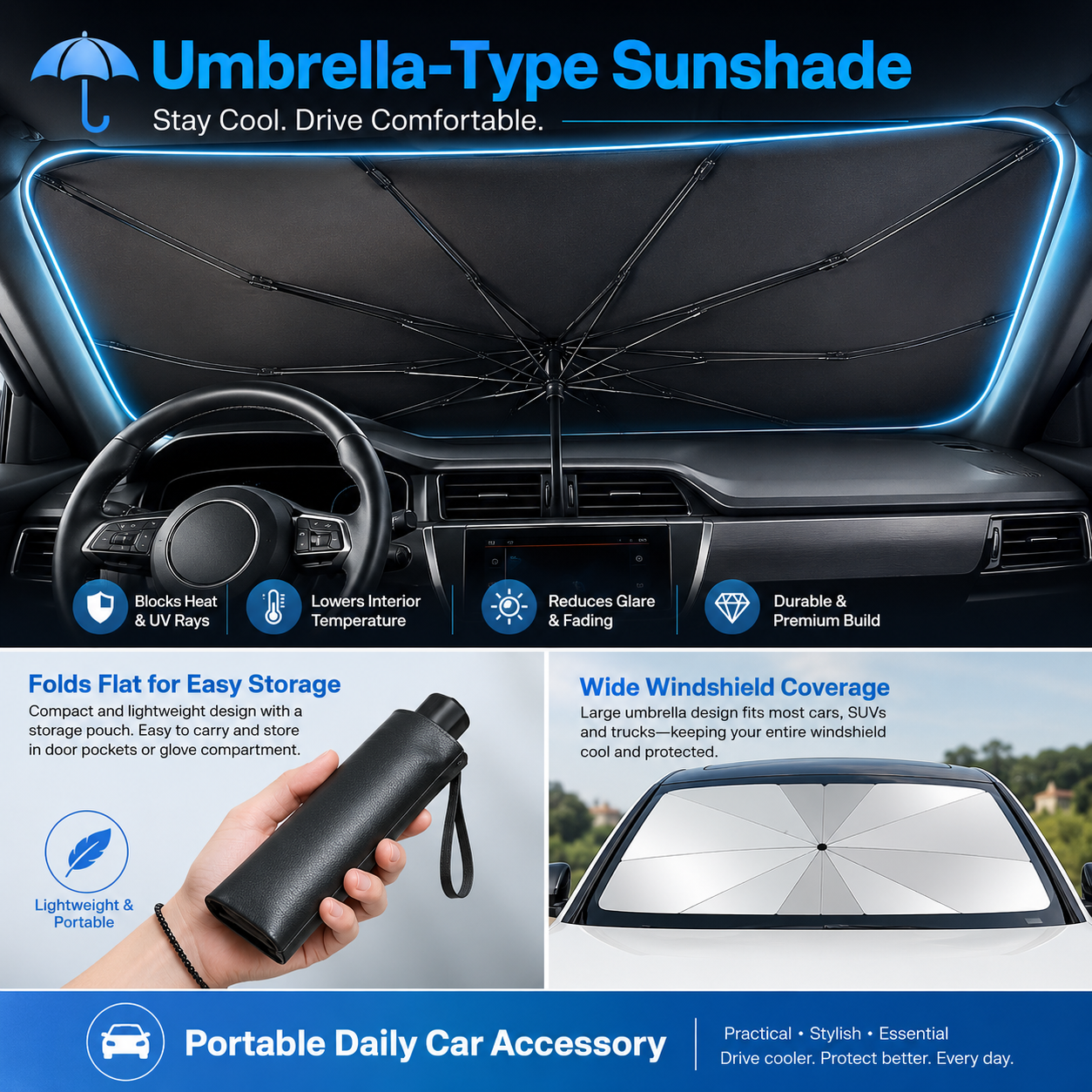 🔥Portable car sunshade, windshield sunshade, foldable windshield sunshade, car exterior accessories, daily car windshield cooling umbrella