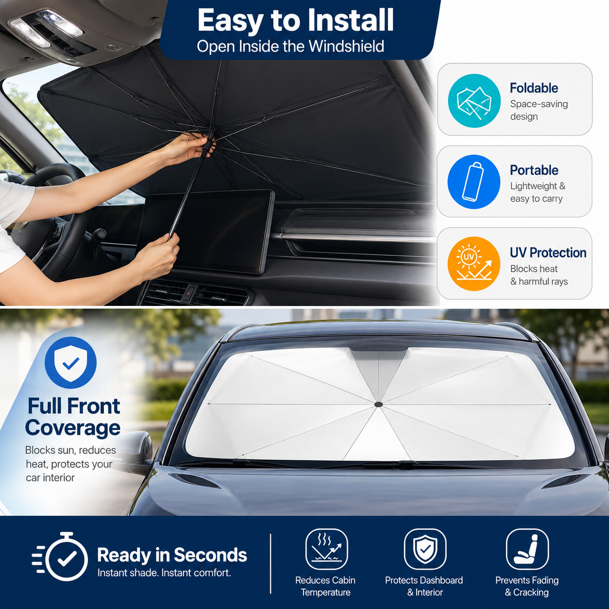 🔥Portable car sunshade, windshield sunshade, foldable windshield sunshade, car exterior accessories, daily car windshield cooling umbrella